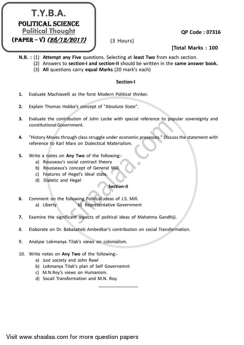 Political Thought 2017-2018 - B.A. - 3rd Year (TYBA) - University of Mumbai question paper with PDF download
