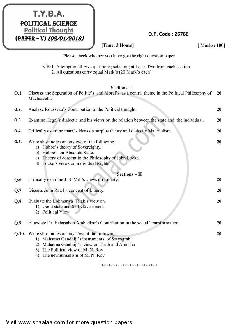 Political Thought 2017-2018 - B.A. - 3rd Year (TYBA) - University of Mumbai question paper with PDF download