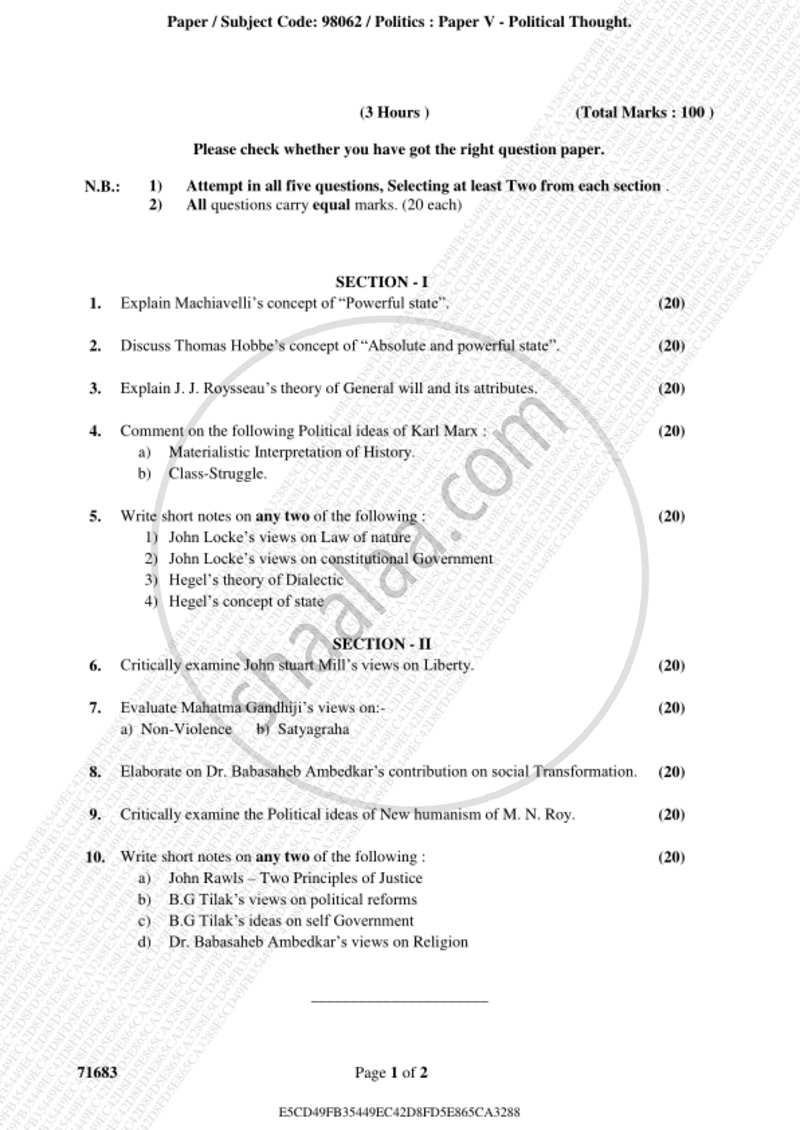 Political Thought 2018-2019 - B.A. - 3rd Year (TYBA) - University of Mumbai question paper with PDF download
