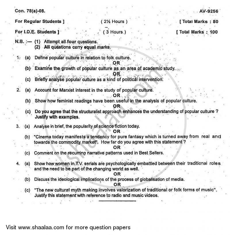 Popular Culture 2007-2008 - B.A. - Semester 6 (TYBA) - University of Mumbai question paper with PDF download