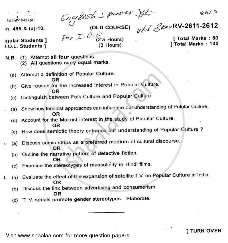 Popular Culture 2009-2010 - B.A. - Semester 6 (TYBA) - University of Mumbai question paper with PDF download