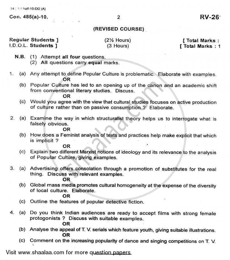 Popular Culture 2009-2010 - B.A. - Semester 6 (TYBA) - University of Mumbai question paper with PDF download