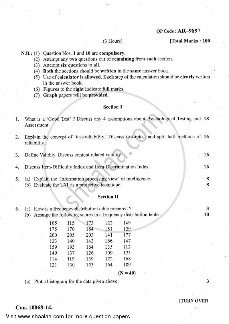 Psychological Testing and Statistics 2013-2014 - B.A. - 3rd Year (TYBA) - University of Mumbai question paper with PDF download