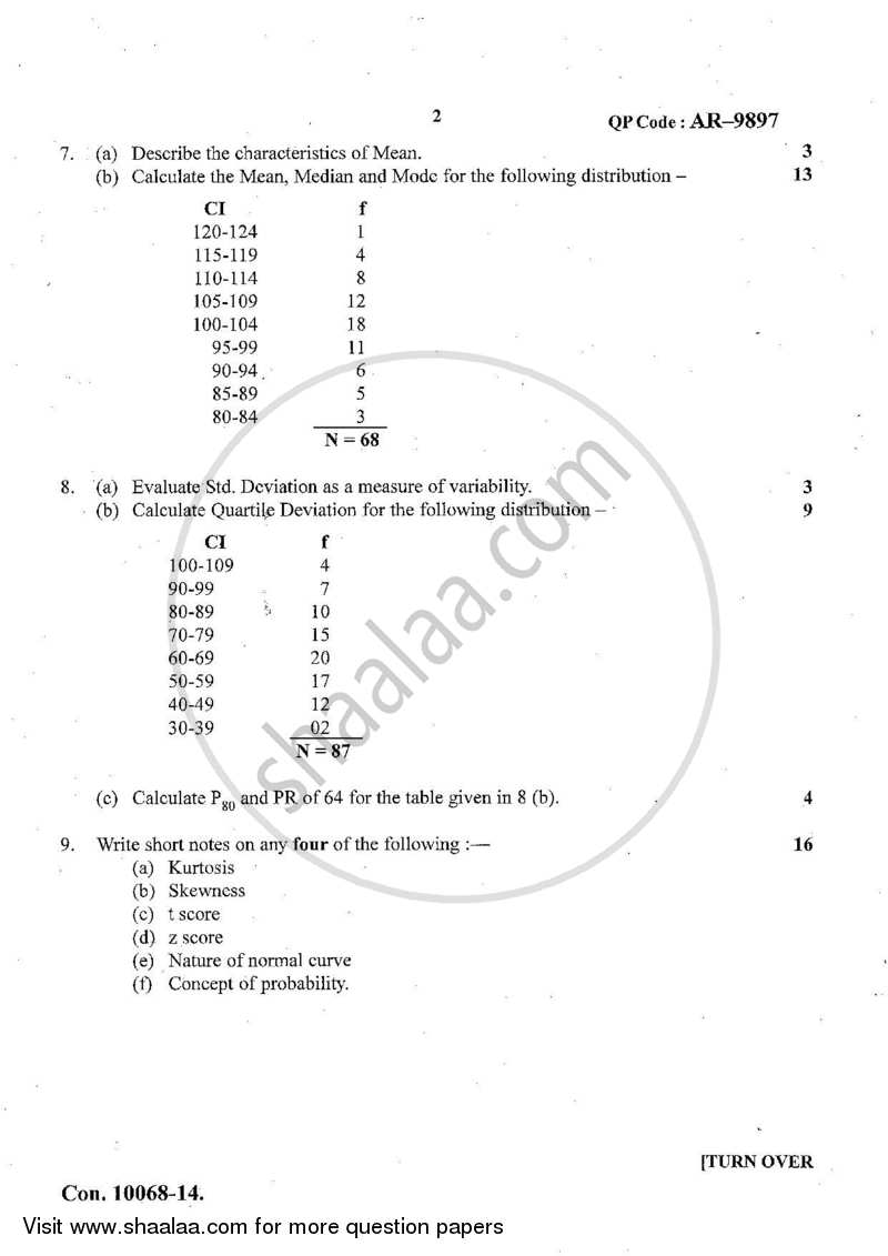 Psychological Testing and Statistics 2013-2014 - B.A. - 3rd Year (TYBA) - University of Mumbai question paper with PDF download