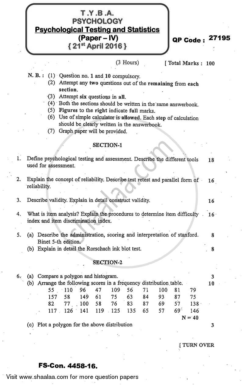 Psychological Testing and Statistics 2015-2016 - B.A. - 3rd Year (TYBA) - University of Mumbai question paper with PDF download