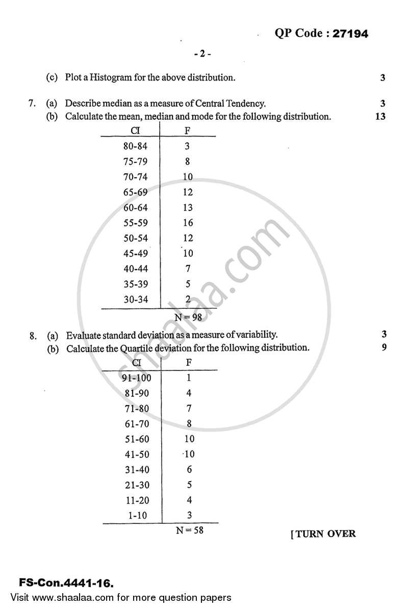 Psychological Testing and Statistics 2015-2016 - B.A. - 3rd Year (TYBA) - University of Mumbai question paper with PDF download