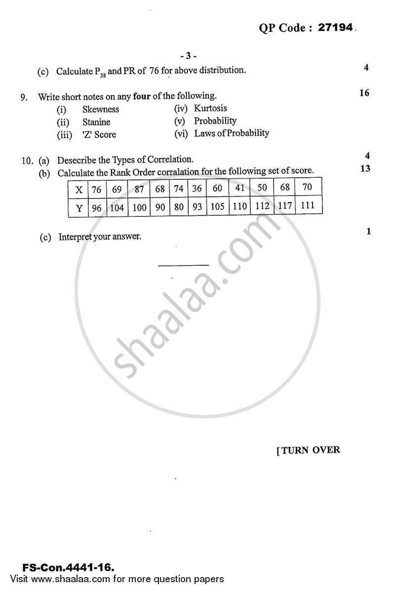 Psychological Testing and Statistics 2015-2016 - B.A. - 3rd Year (TYBA) - University of Mumbai question paper with PDF download