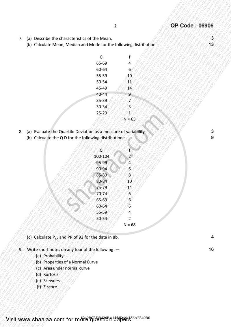 Psychological Testing and Statistics 2016-2017 - B.A. - 3rd Year (TYBA) - University of Mumbai question paper with PDF download