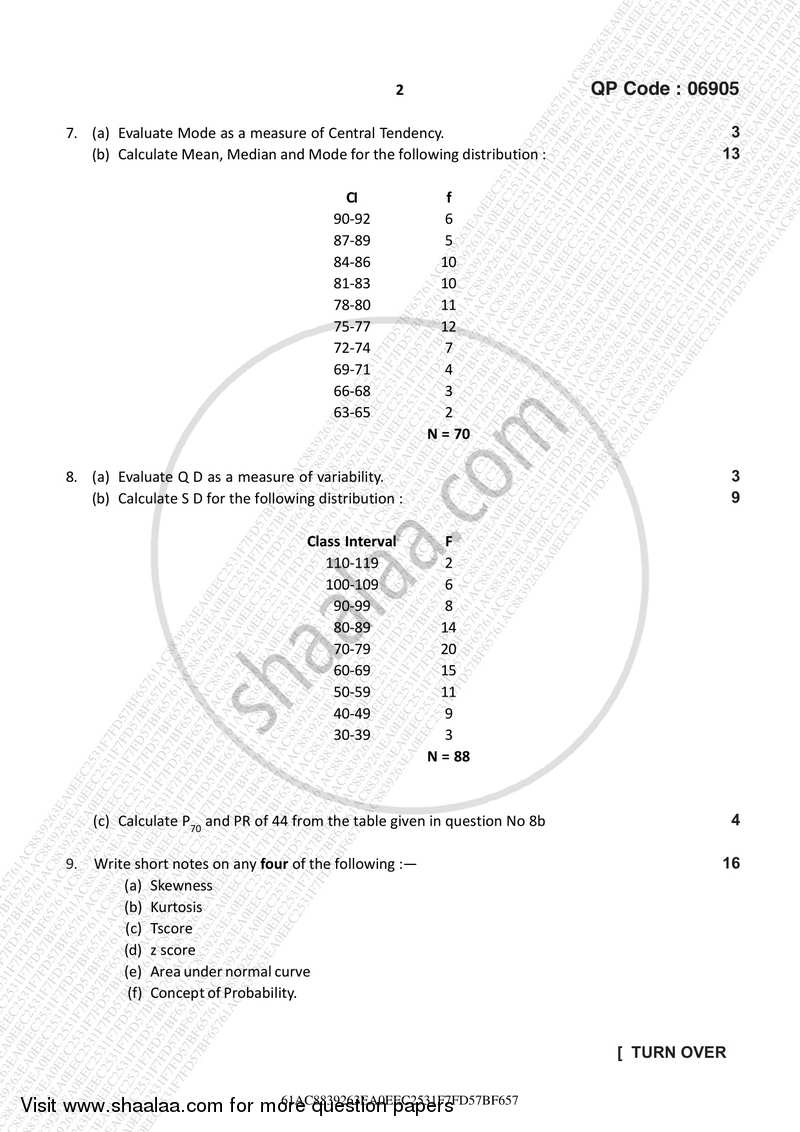 Psychological Testing and Statistics 2016-2017 - B.A. - 3rd Year (TYBA) - University of Mumbai question paper with PDF download