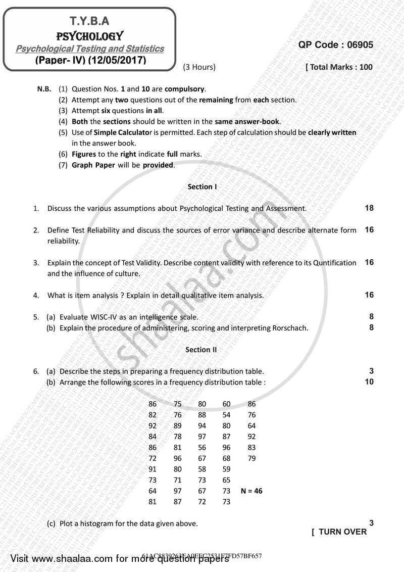 Psychological Testing and Statistics 2016-2017 - B.A. - 3rd Year (TYBA) - University of Mumbai question paper with PDF download
