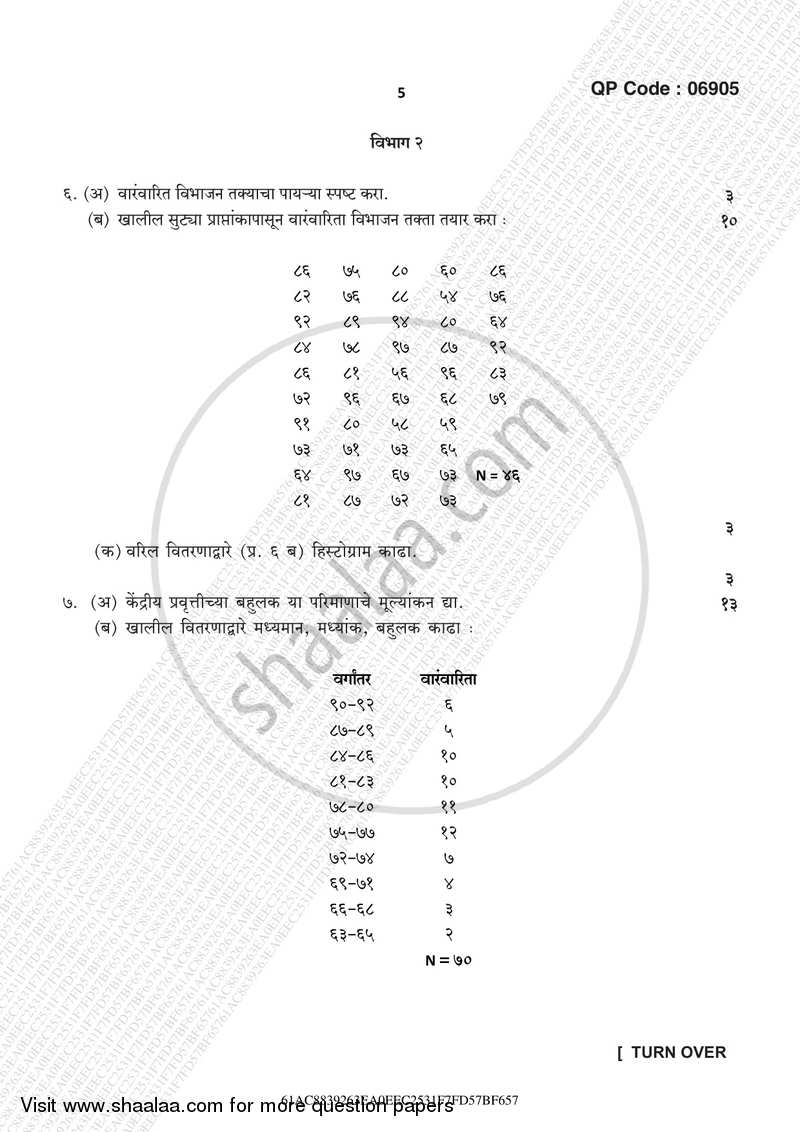 Psychological Testing and Statistics 2016-2017 - B.A. - 3rd Year (TYBA) - University of Mumbai question paper with PDF download
