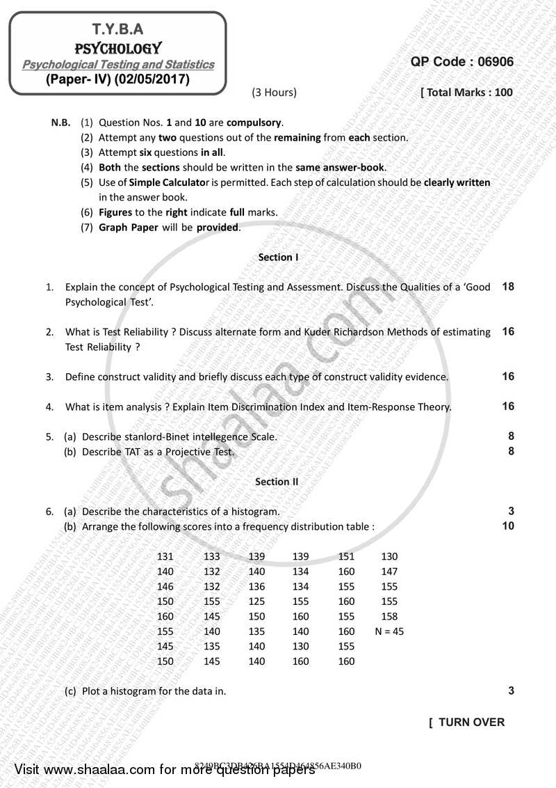 Psychological Testing and Statistics 2016-2017 - B.A. - 3rd Year (TYBA) - University of Mumbai question paper with PDF download