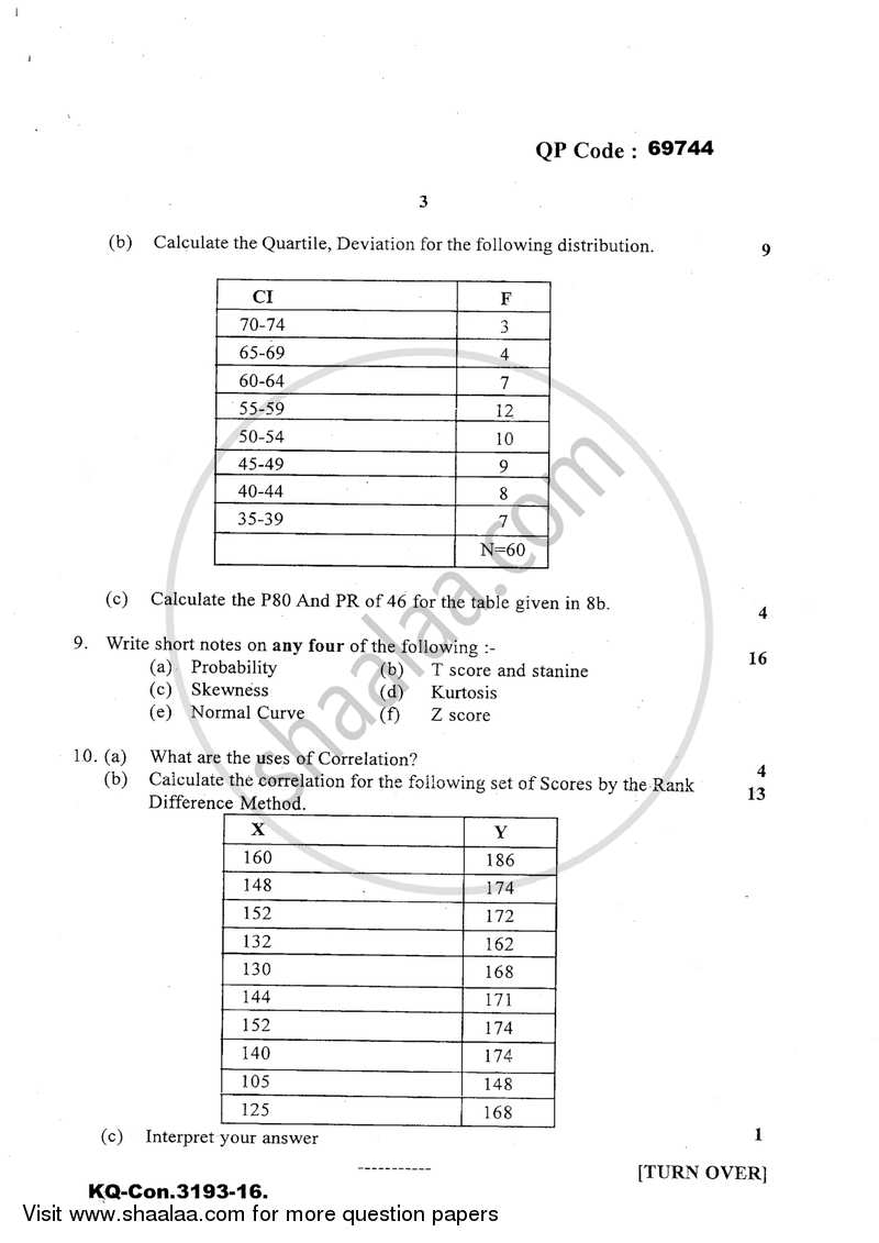 Psychological Testing and Statistics 2016-2017 - B.A. - 3rd Year (TYBA) - University of Mumbai question paper with PDF download
