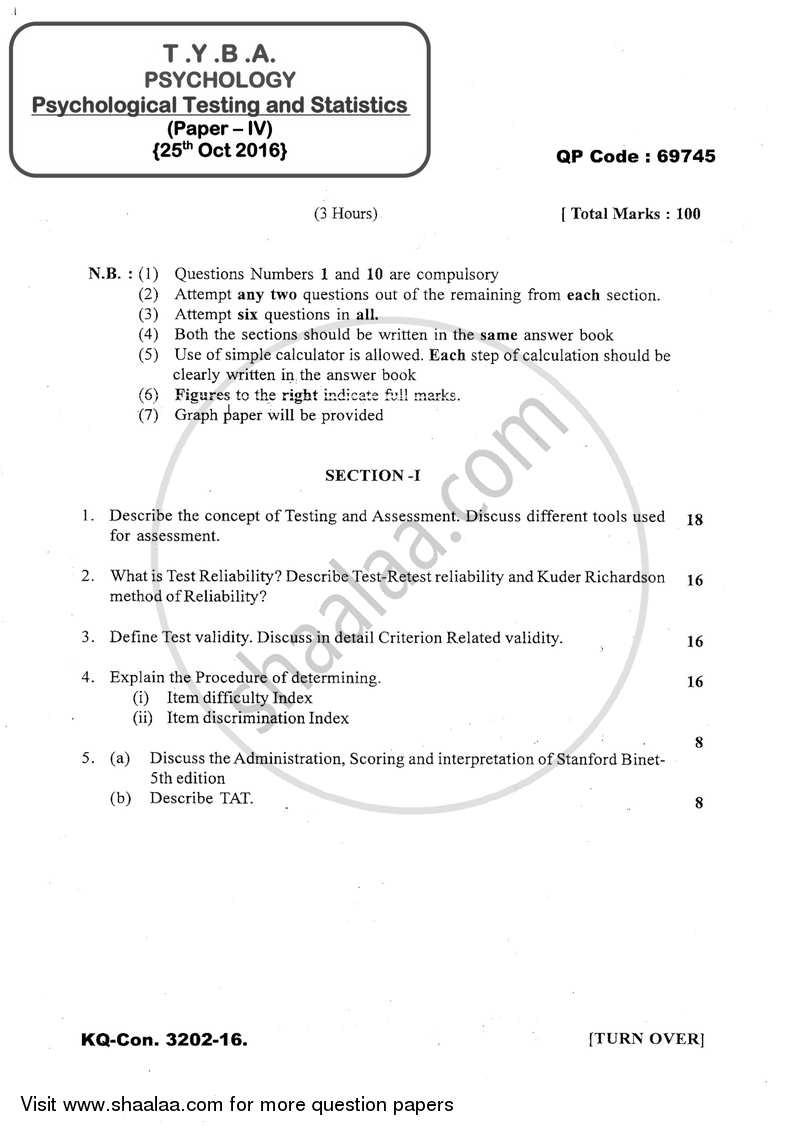 Psychological Testing and Statistics 2016-2017 - B.A. - 3rd Year (TYBA) - University of Mumbai question paper with PDF download
