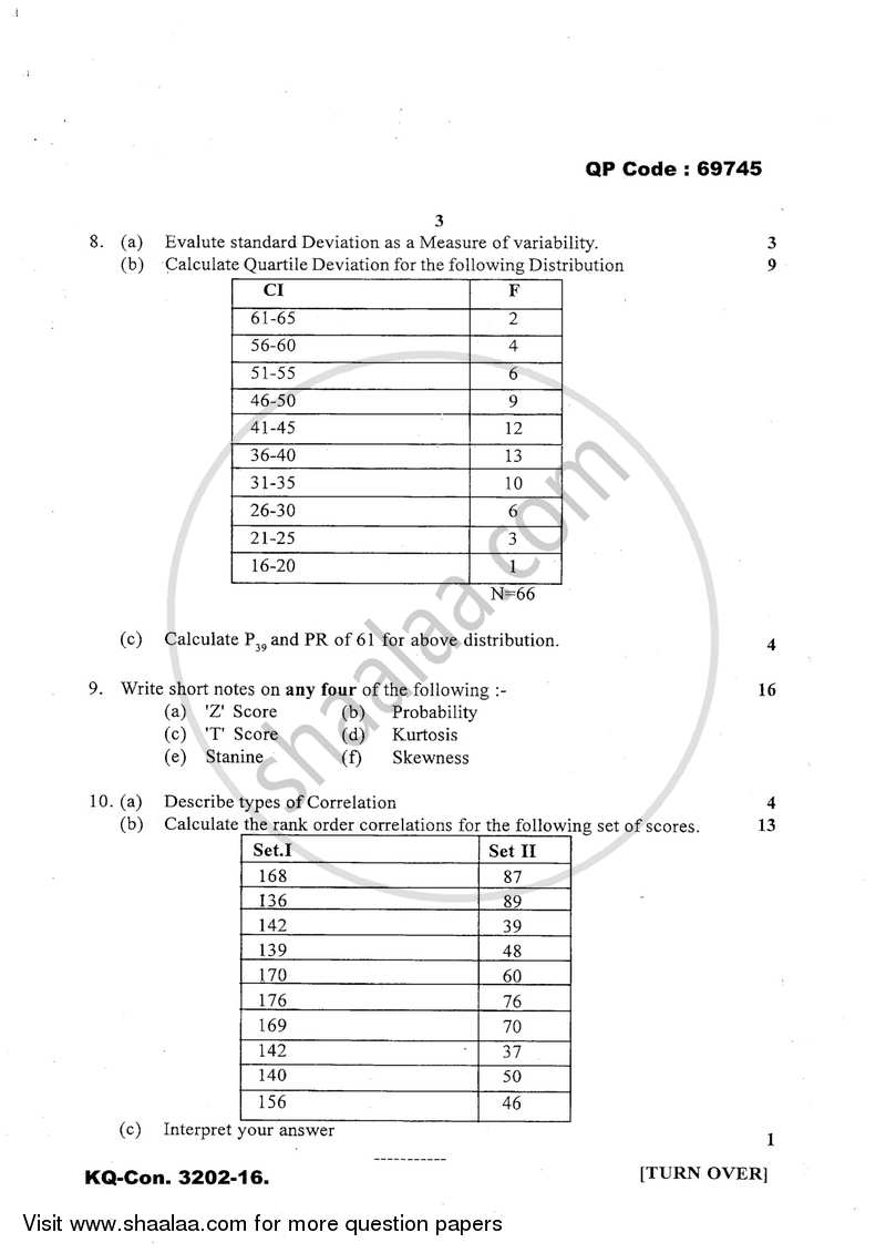 Psychological Testing and Statistics 2016-2017 - B.A. - 3rd Year (TYBA) - University of Mumbai question paper with PDF download