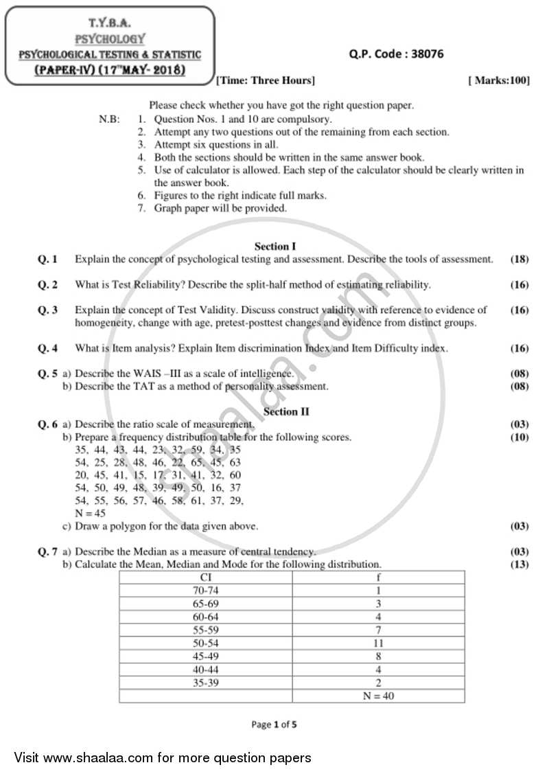 Psychological Testing and Statistics 2017-2018 - B.A. - 3rd Year (TYBA) - University of Mumbai question paper with PDF download
