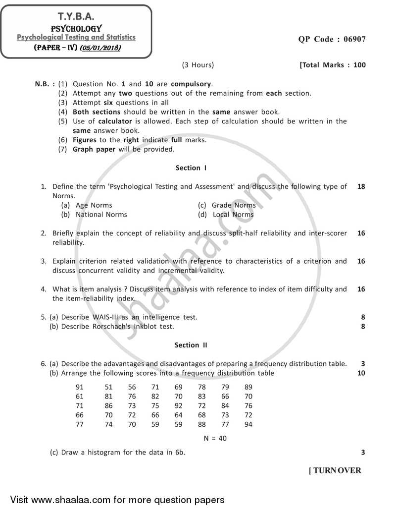 Psychological Testing and Statistics 2017-2018 - B.A. - 3rd Year (TYBA) - University of Mumbai question paper with PDF download