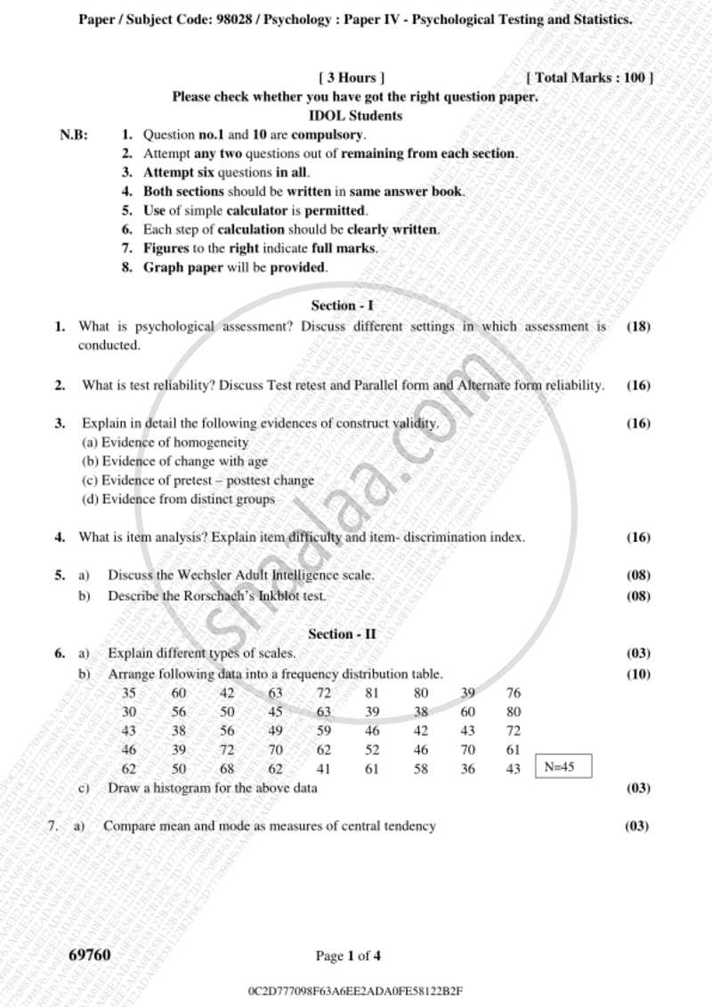 Psychological Testing and Statistics 2018-2019 - B.A. - 3rd Year (TYBA) - University of Mumbai question paper with PDF download