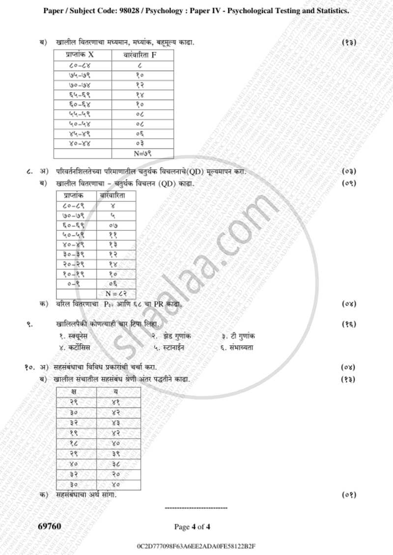 Psychological Testing and Statistics 2018-2019 - B.A. - 3rd Year (TYBA) - University of Mumbai question paper with PDF download