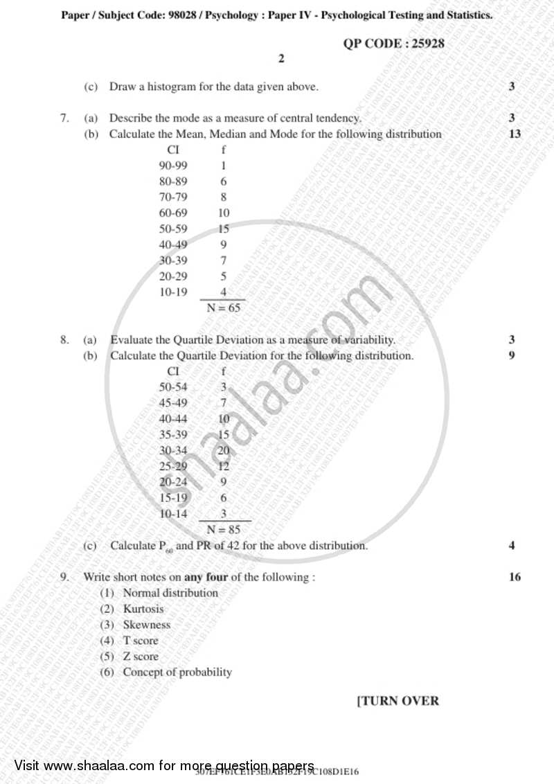 Psychological Testing and Statistics 2018-2019 - B.A. - 3rd Year (TYBA) - University of Mumbai question paper with PDF download