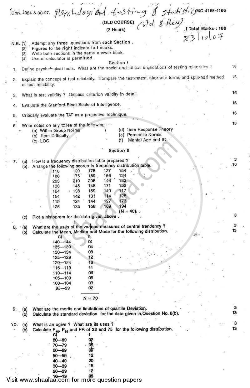 Psychological Testing and Statistics 2007-2008 - B.A. - Semester 6 (TYBA) - University of Mumbai question paper with PDF download