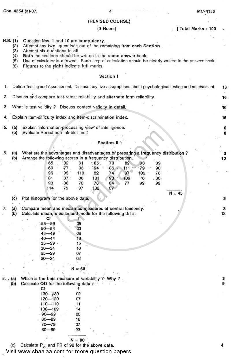 Psychological Testing and Statistics 2007-2008 - B.A. - Semester 6 (TYBA) - University of Mumbai question paper with PDF download