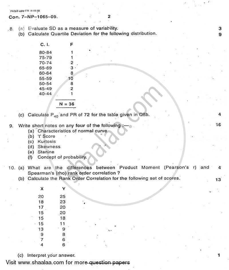 Psychological Testing and Statistics 2008-2009 - B.A. - Semester 6 (TYBA) - University of Mumbai question paper with PDF download