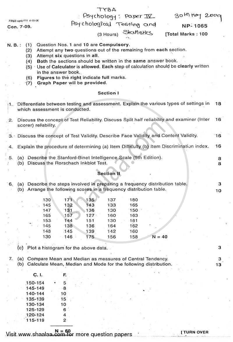 Psychological Testing and Statistics 2008-2009 - B.A. - Semester 6 (TYBA) - University of Mumbai question paper with PDF download