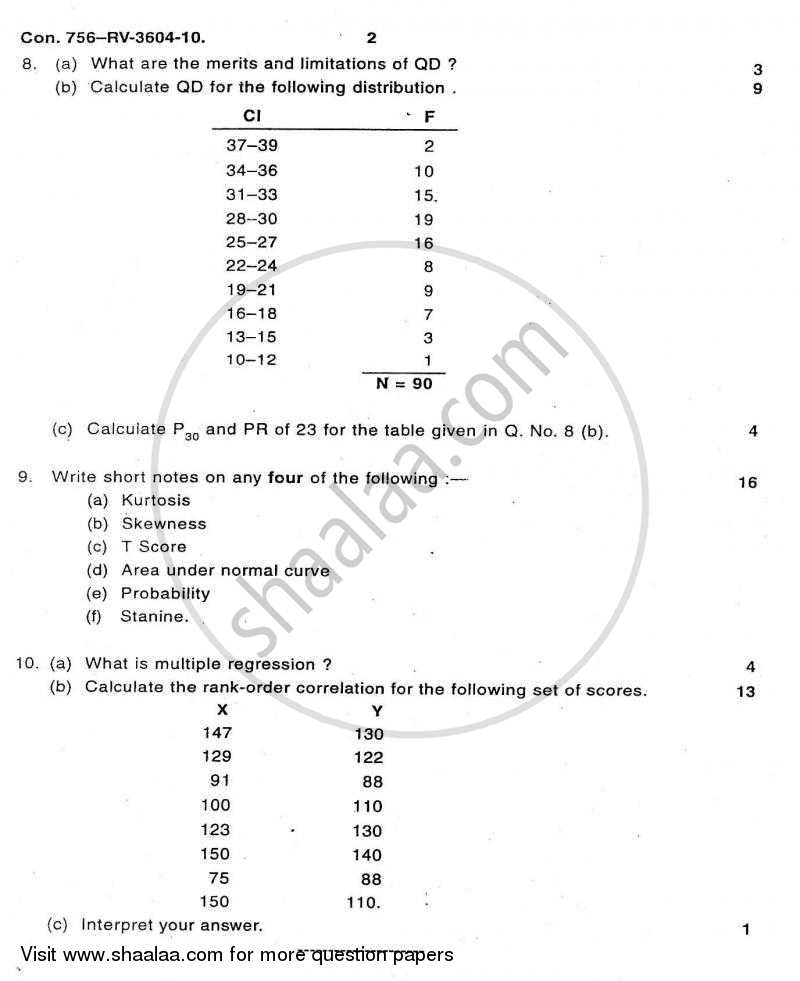 Psychological Testing and Statistics 2009-2010 - B.A. - Semester 6 (TYBA) - University of Mumbai question paper with PDF download