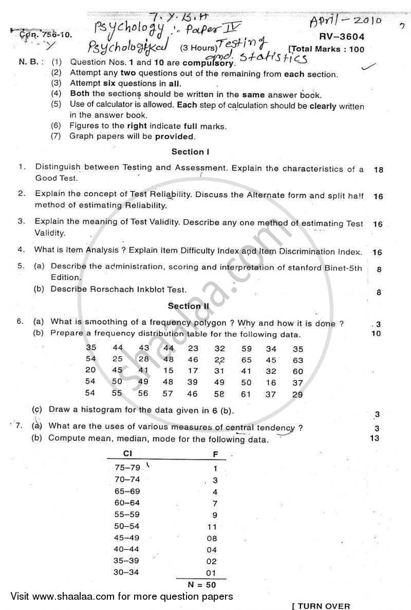 Psychological Testing and Statistics 2009-2010 - B.A. - Semester 6 (TYBA) - University of Mumbai question paper with PDF download