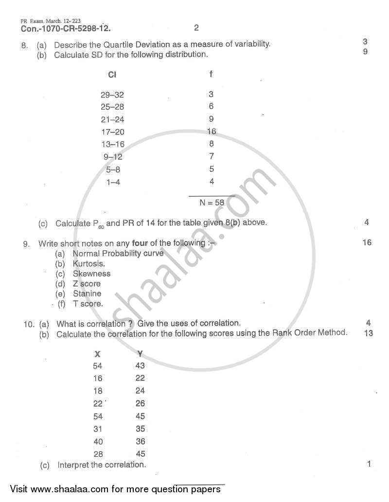 Psychological Testing and Statistics 2011-2012 - B.A. - Semester 6 (TYBA) - University of Mumbai question paper with PDF download
