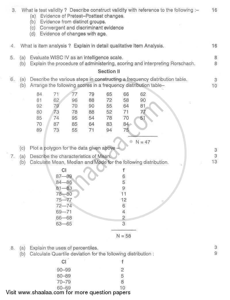 Psychological Testing and Statistics 2011-2012 - B.A. - Semester 6 (TYBA) - University of Mumbai question paper with PDF download