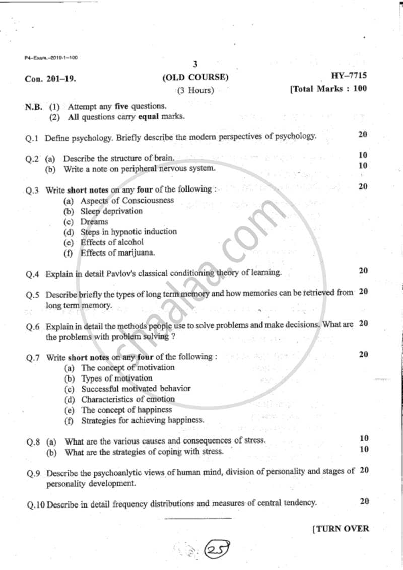 Psychology 1 (Fundamentals of Psychology) 2018-2019 - B.A. - 1st Year (FYBA) - University of Mumbai question paper with PDF download