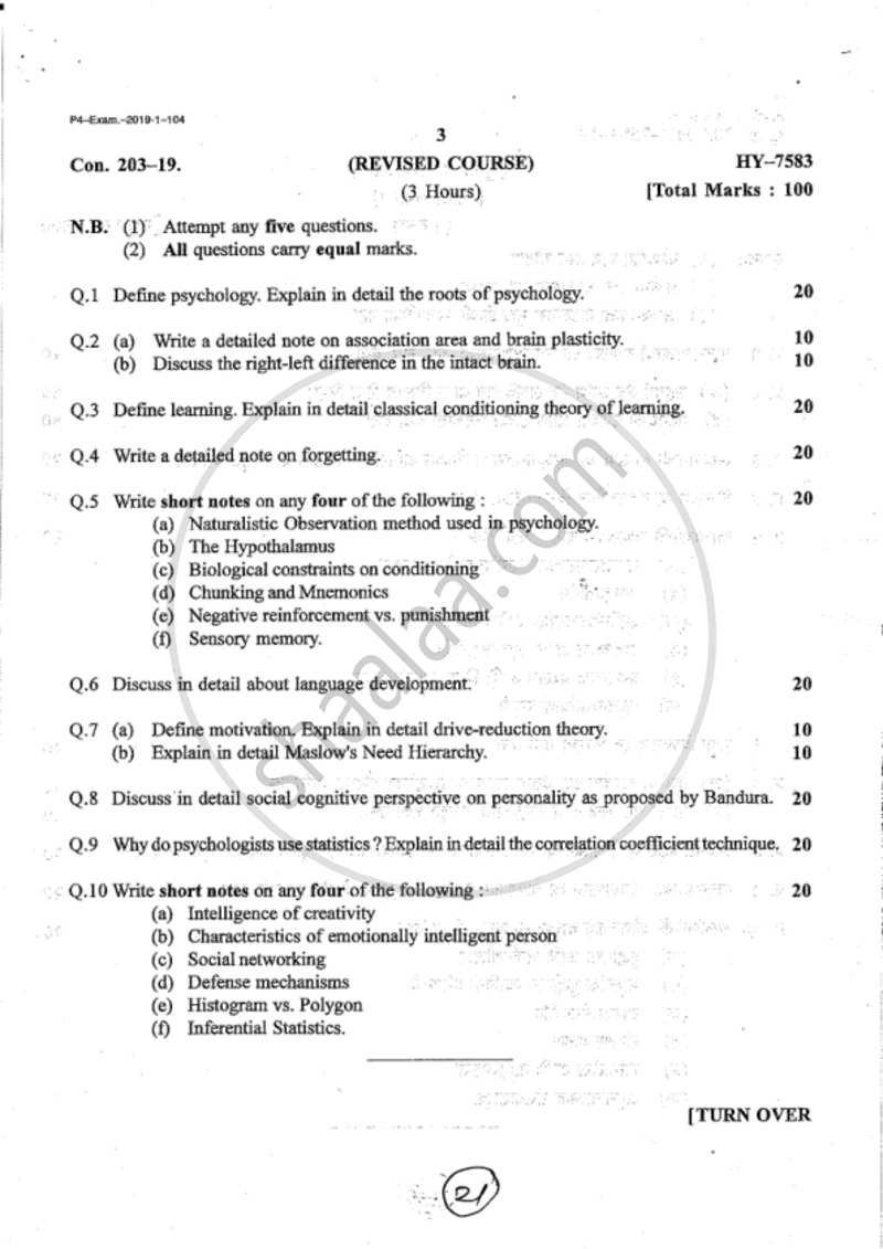 Psychology 1 (Fundamentals of Psychology) 2018-2019 - B.A. - 1st Year (FYBA) - University of Mumbai question paper with PDF download