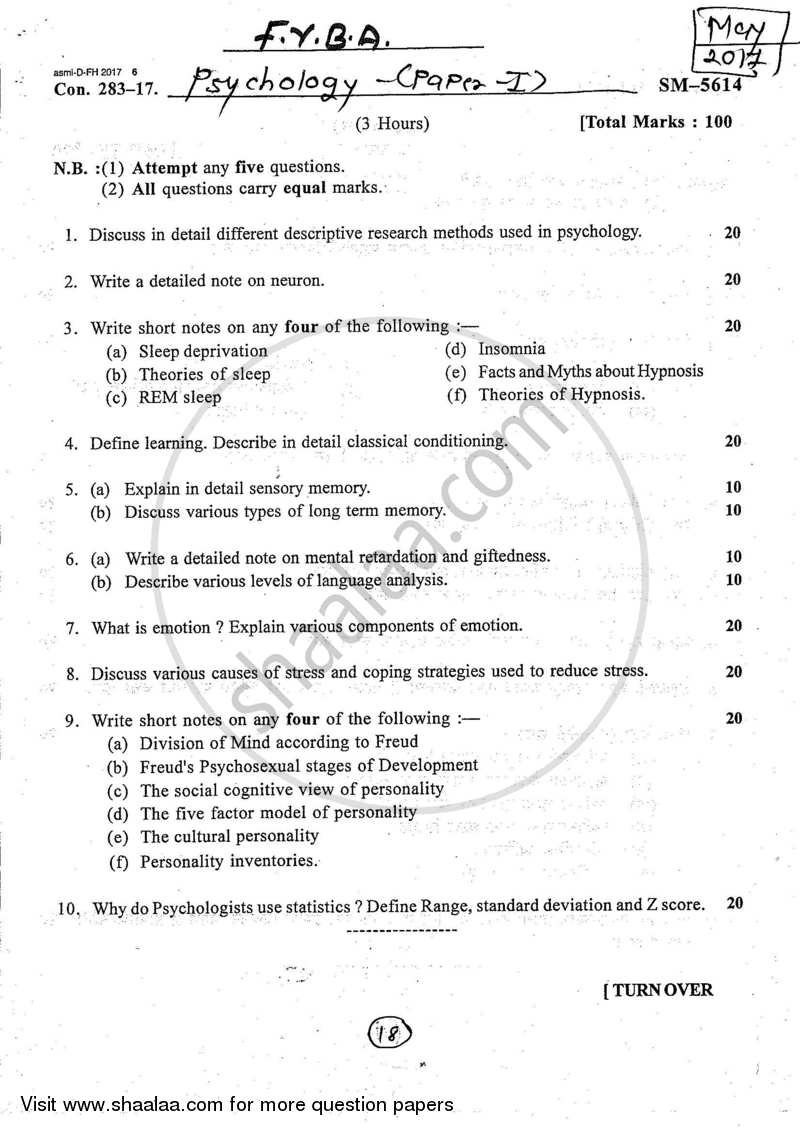 Psychology Paper 1 (General Psychology) 2016-2017 - B.A. - 1st Year (FYBA) - University of Mumbai question paper with PDF download