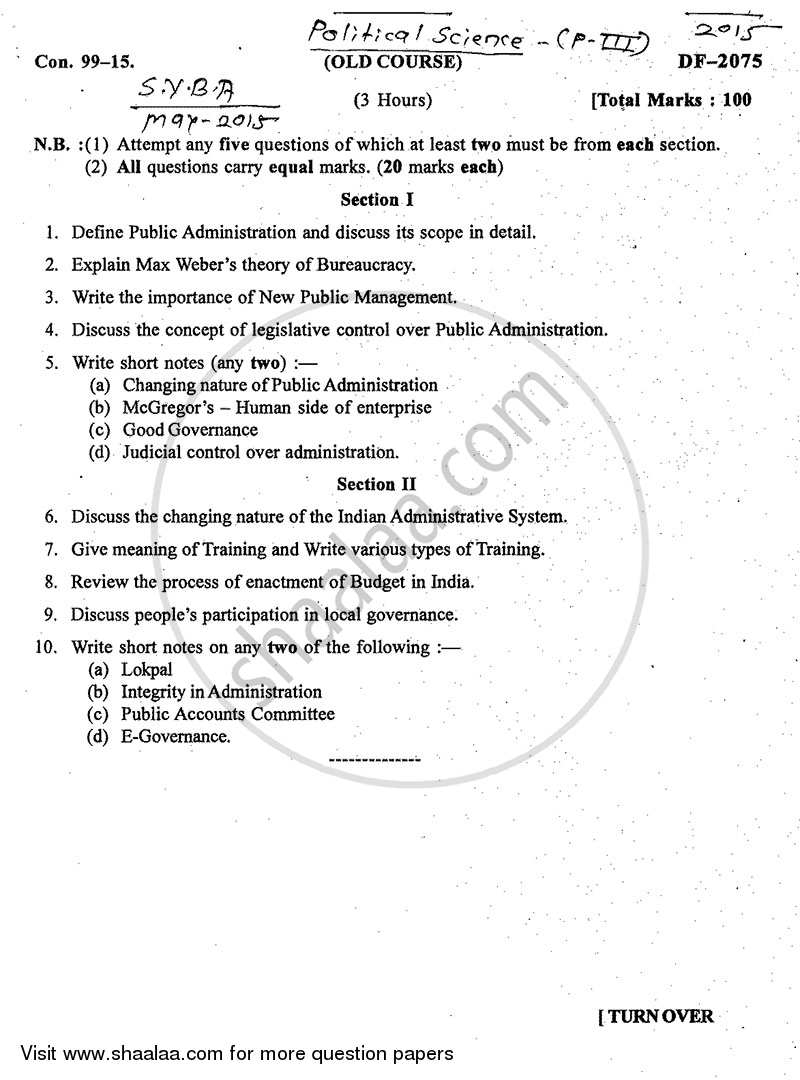 Public Administration 2014-2015 - B.A. - 2nd Year (SYBA) - University of Mumbai question paper with PDF download