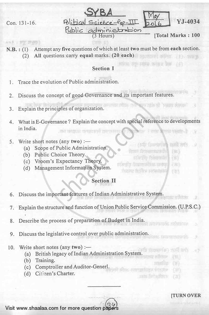 Public Administration 2015-2016 - B.A. - 2nd Year (SYBA) - University of Mumbai question paper with PDF download