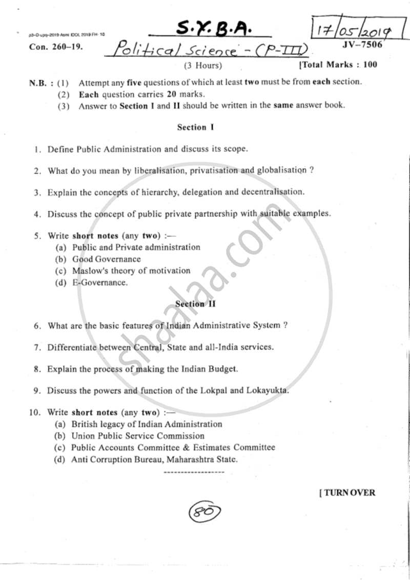 Public Administration 2018-2019 - B.A. - 2nd Year (SYBA) - University of Mumbai question paper with PDF download