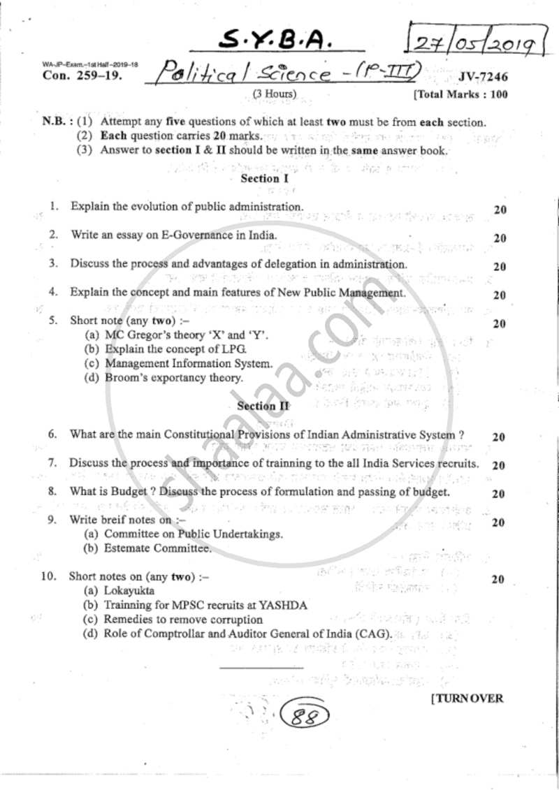 Public Administration 2018-2019 - B.A. - 2nd Year (SYBA) - University of Mumbai question paper with PDF download