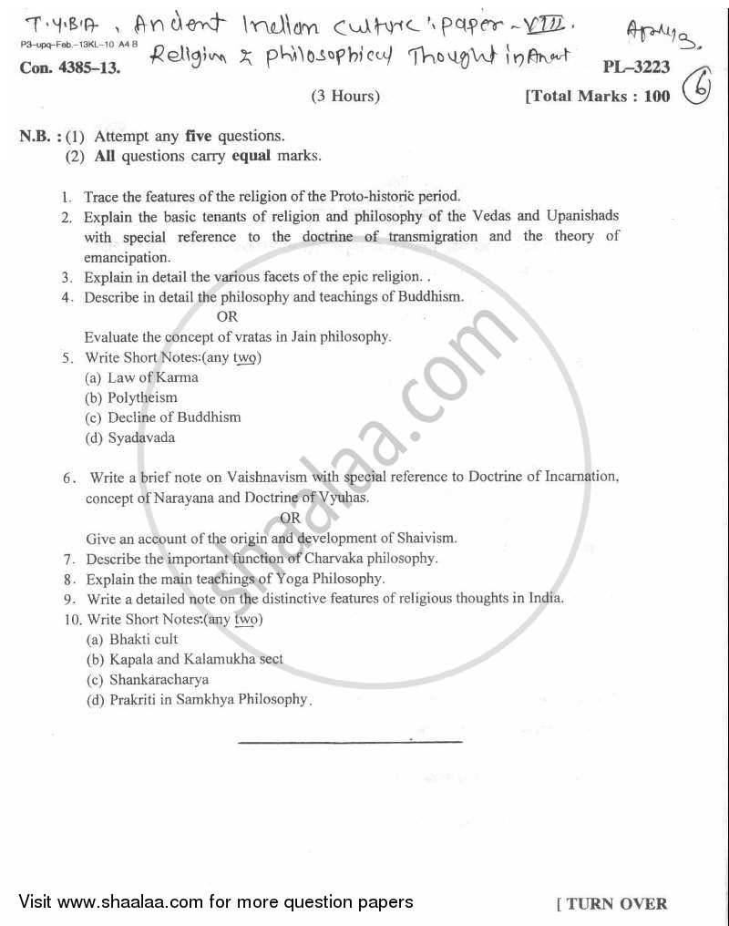 Religious and Philosophical Thoughts in Ancient India 2012-2013 - B.A. - Semester 5 (TYBA) - University of Mumbai question paper with PDF download