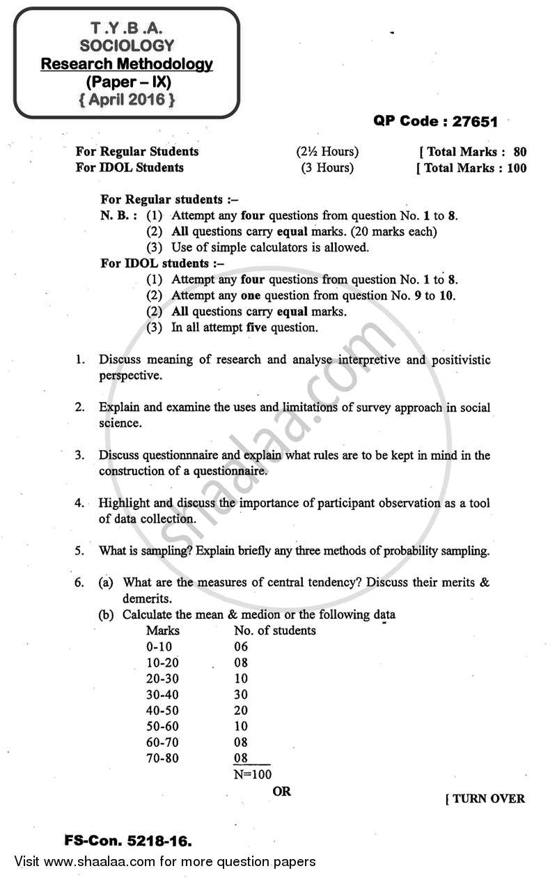 Research Methodology 2015-2016 - B.A. - 3rd Year (TYBA) - University of Mumbai question paper with PDF download
