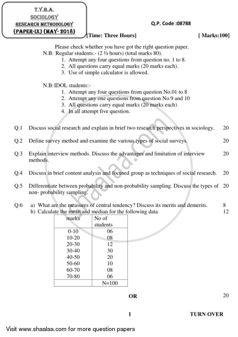Research Methodology 2017-2018 - B.A. - 3rd Year (TYBA) - University of Mumbai question paper with PDF download