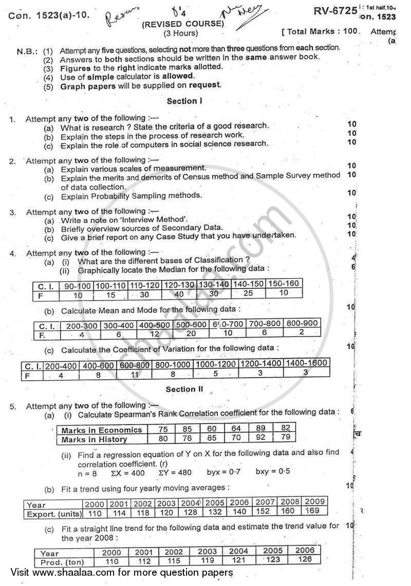 Research Methodology 2009-2010 - B.A. - 3rd Year (TYBA) - University of Mumbai question paper with PDF download