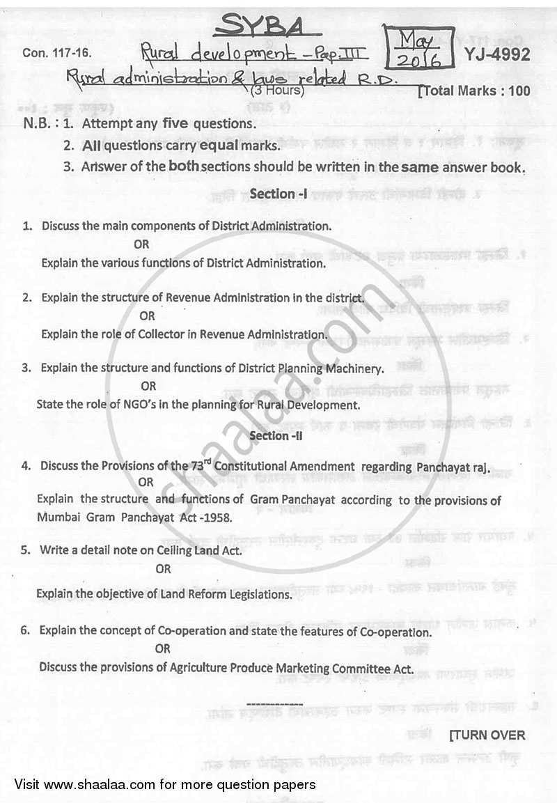 Rural Administration and Laws Related to Rural Development 2015-2016 - B.A. - 2nd Year (SYBA) - University of Mumbai question paper with PDF download