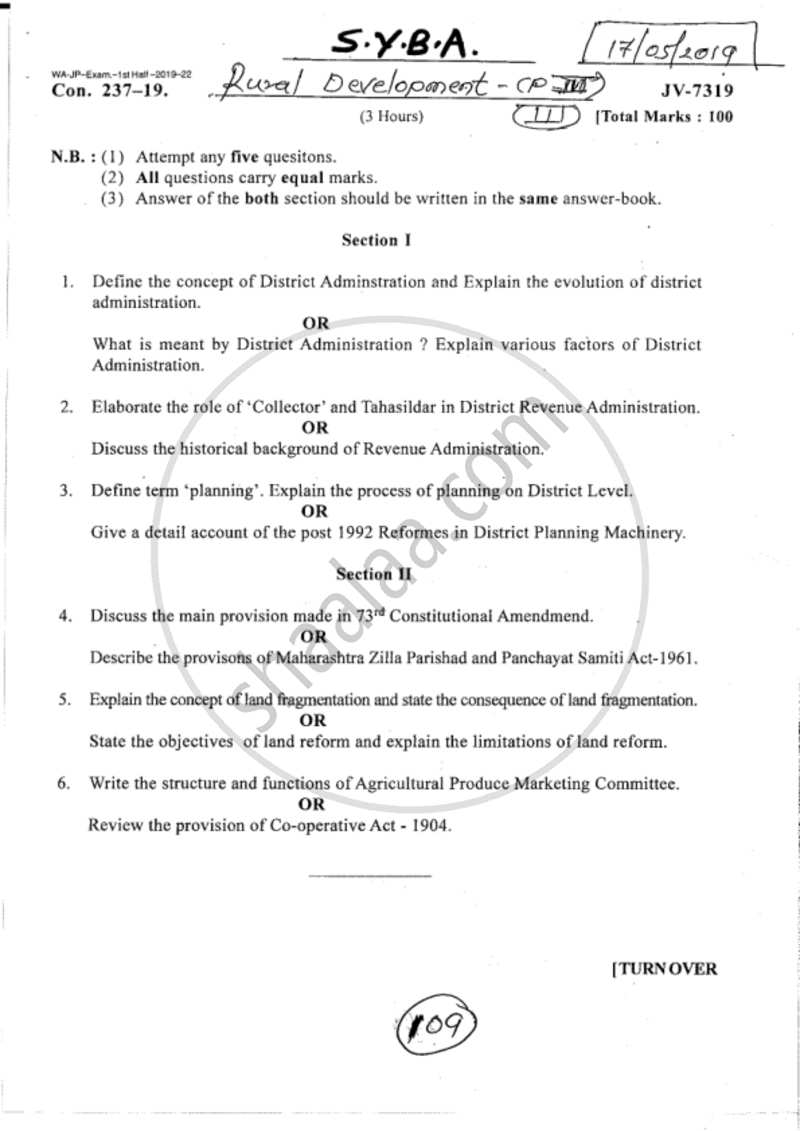 Rural Administration and Laws Related to Rural Development 2018-2019 - B.A. - 2nd Year (SYBA) - University of Mumbai question paper with PDF download