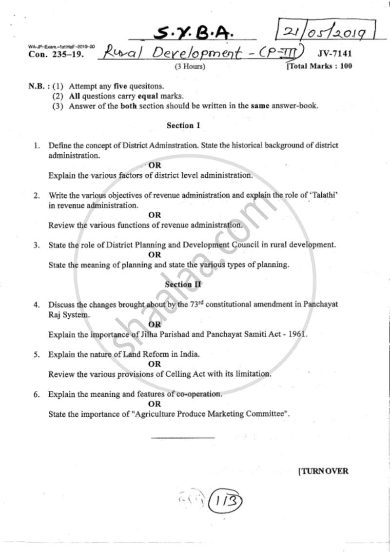 Rural Administration and Laws Related to Rural Development 2018-2019 - B.A. - 2nd Year (SYBA) - University of Mumbai question paper with PDF download