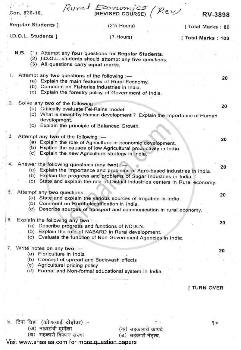 Rural Economics 2009-2010 - B.A. - Semester 5 (TYBA) - University of Mumbai question paper with PDF download
