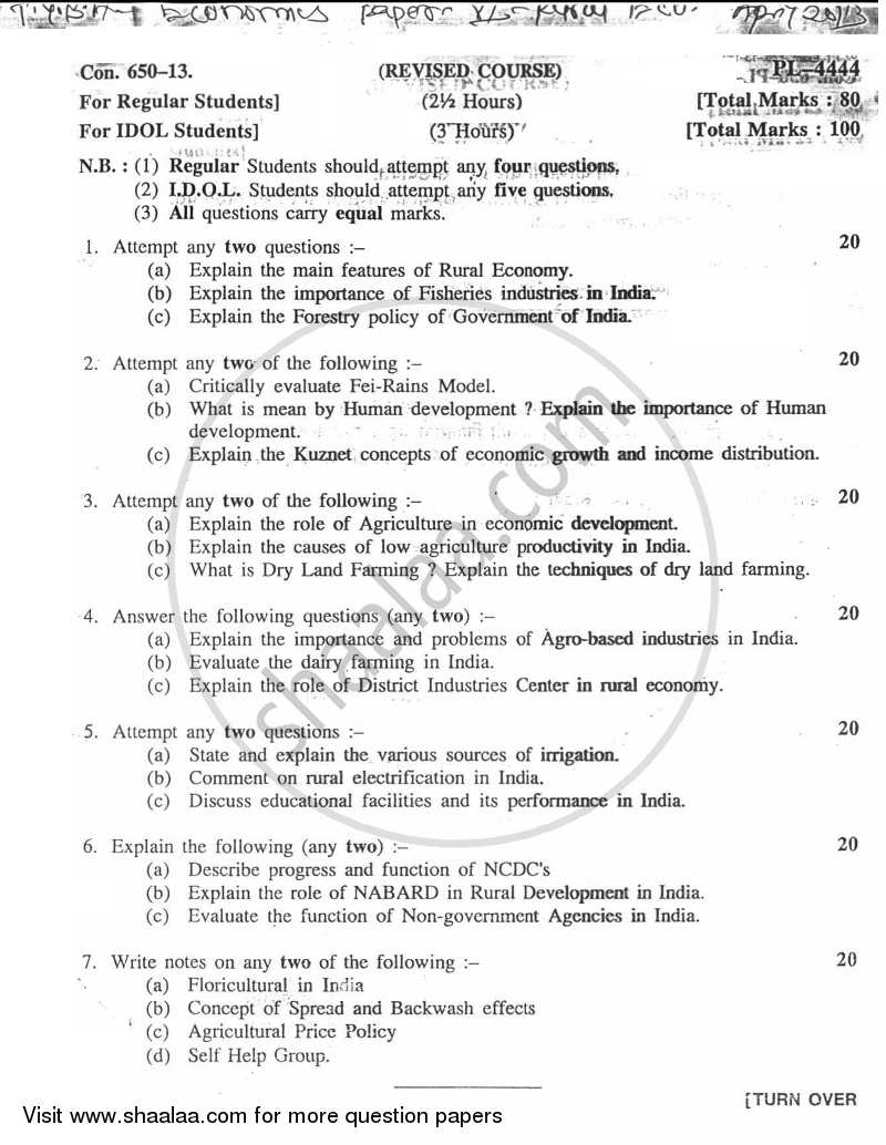 Rural Economics 2012-2013 - B.A. - Semester 5 (TYBA) - University of Mumbai question paper with PDF download