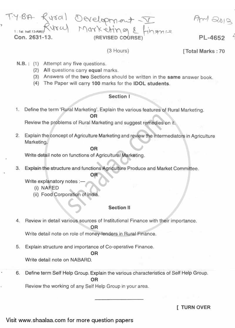 Rural Marketing and Finance 2012-2013 - B.A. - 3rd Year (TYBA) - University of Mumbai question paper with PDF download