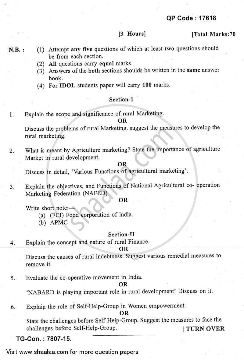 Rural Marketing and Finance 2014-2015 - B.A. - 3rd Year (TYBA) - University of Mumbai question paper with PDF download